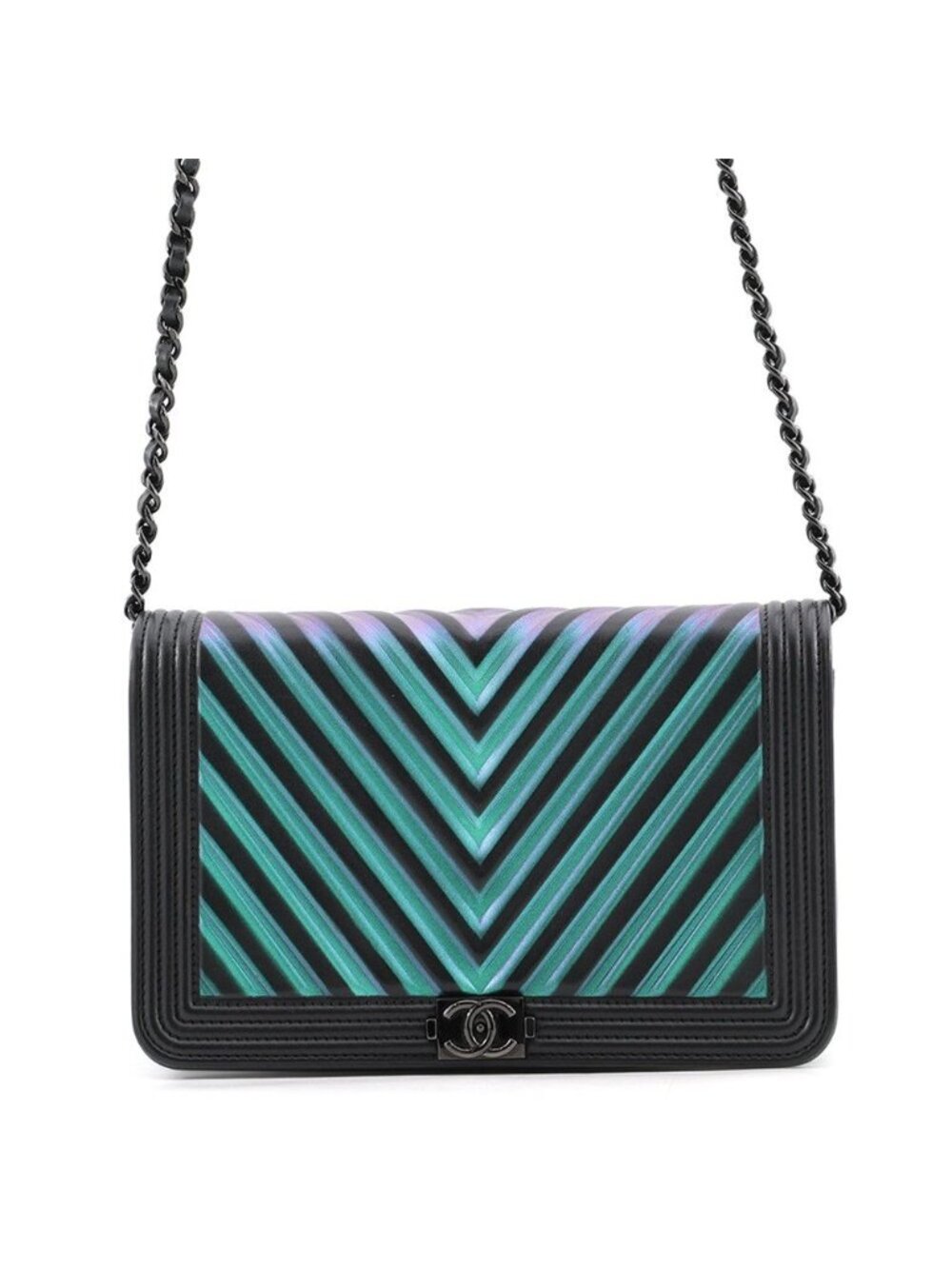 Chanel Chain Wallet Chevron CC Logo Boy Lambskin Black Shoulder Bag